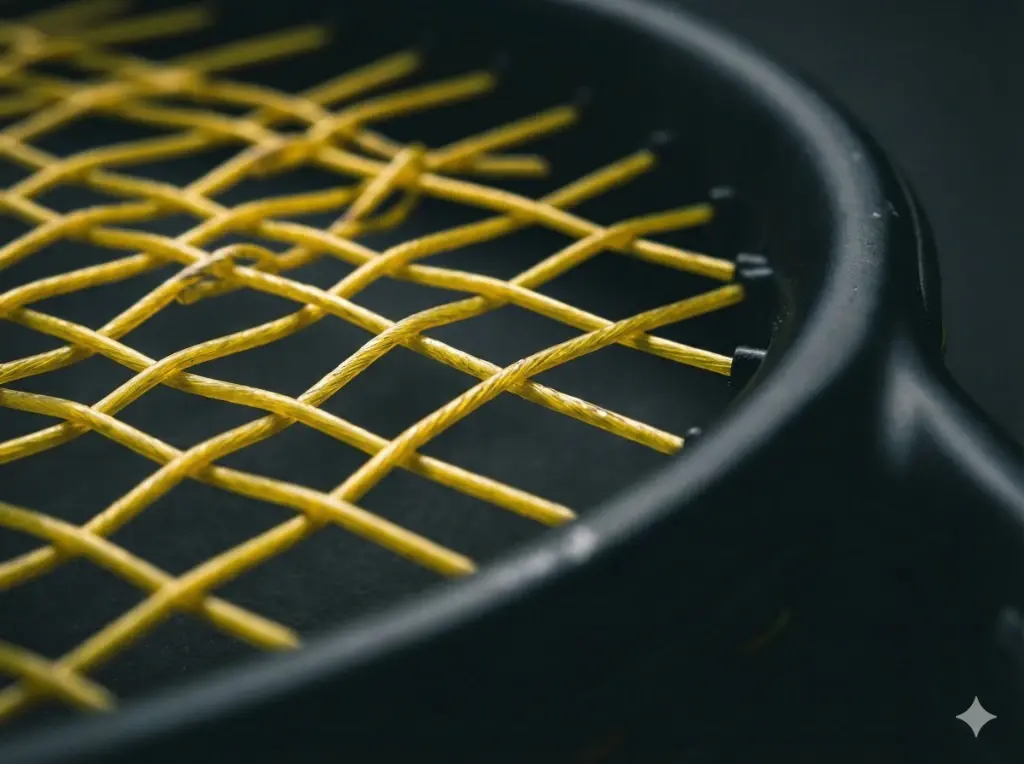 Macro close-up of a black polyester string bed with yellow accent strings, illustrating the snapback potential of modern tennis gear.