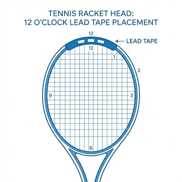 Diagram showing 12 O'Clock lead tape placement on a tennis racket